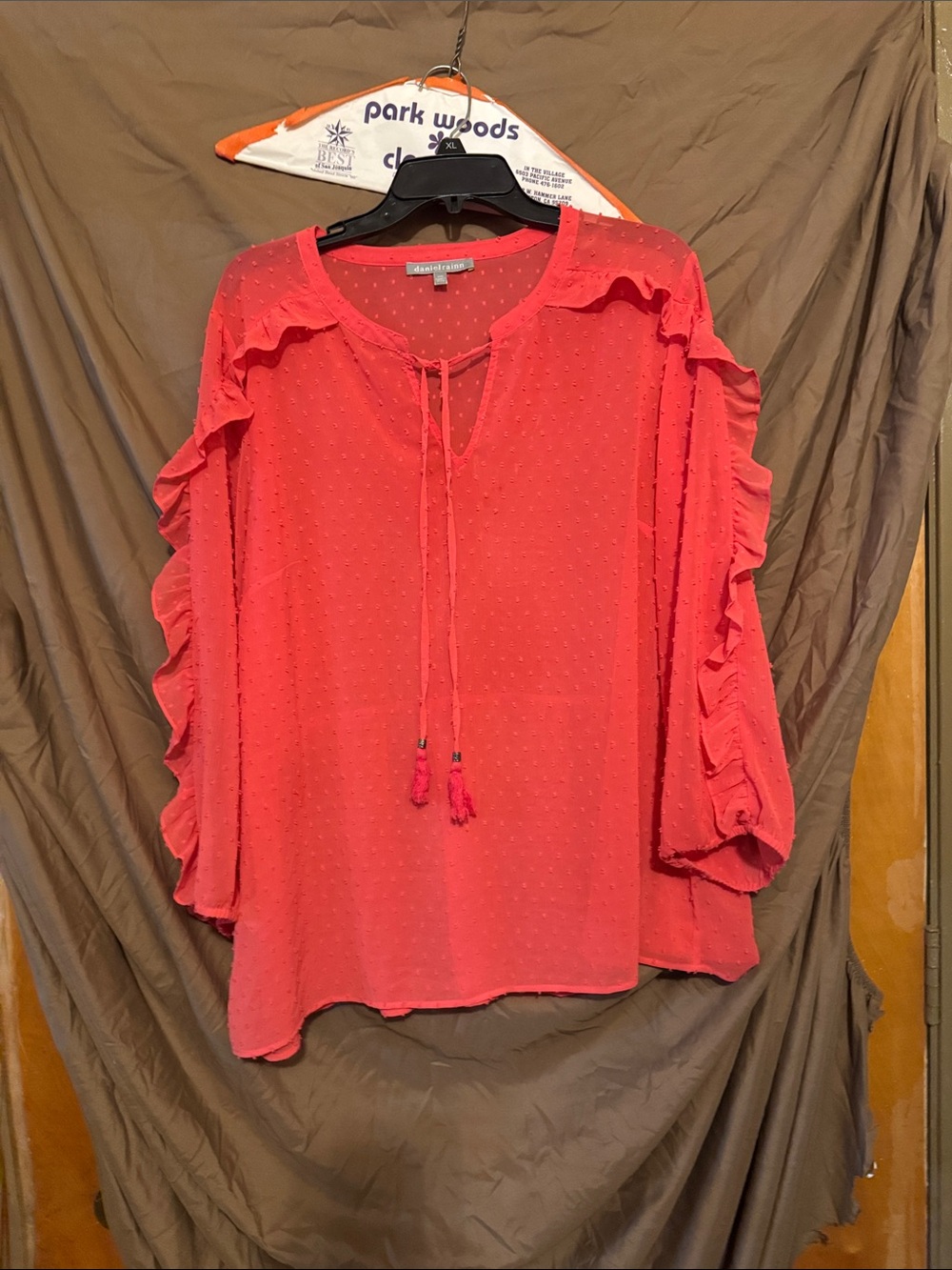 Daniel Rainn Coral Ruffle-Sleeve Swiss Dot Tie Blouse